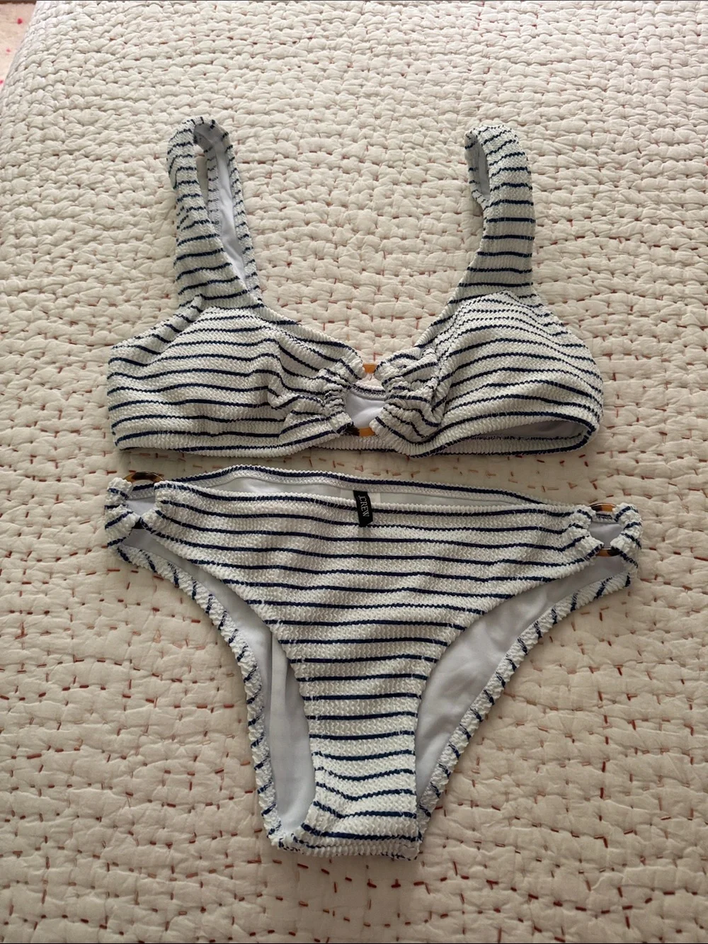 J.Crew Striped Knit Bikini Set in White and Navy Medium New